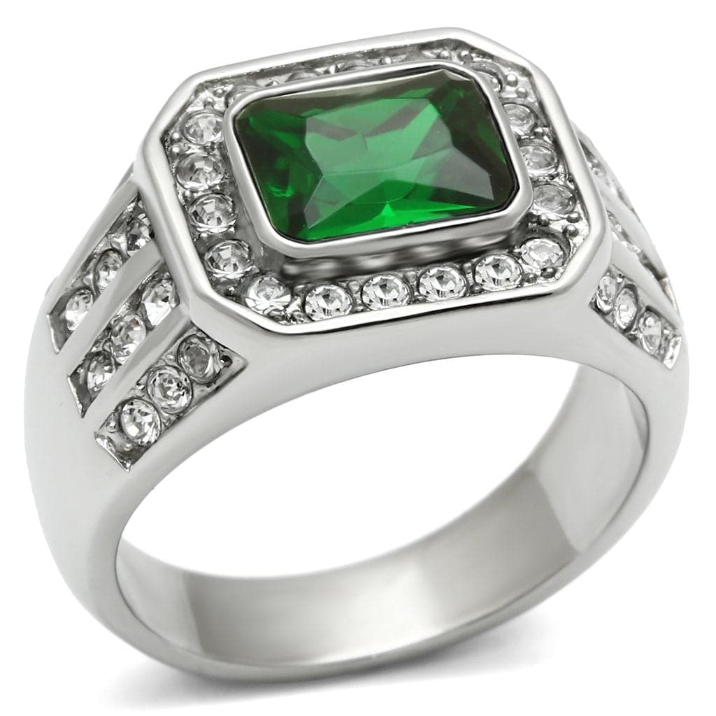 Stainless Steel Silver CZ Emerald Cut Green Halo Square Mens Ring