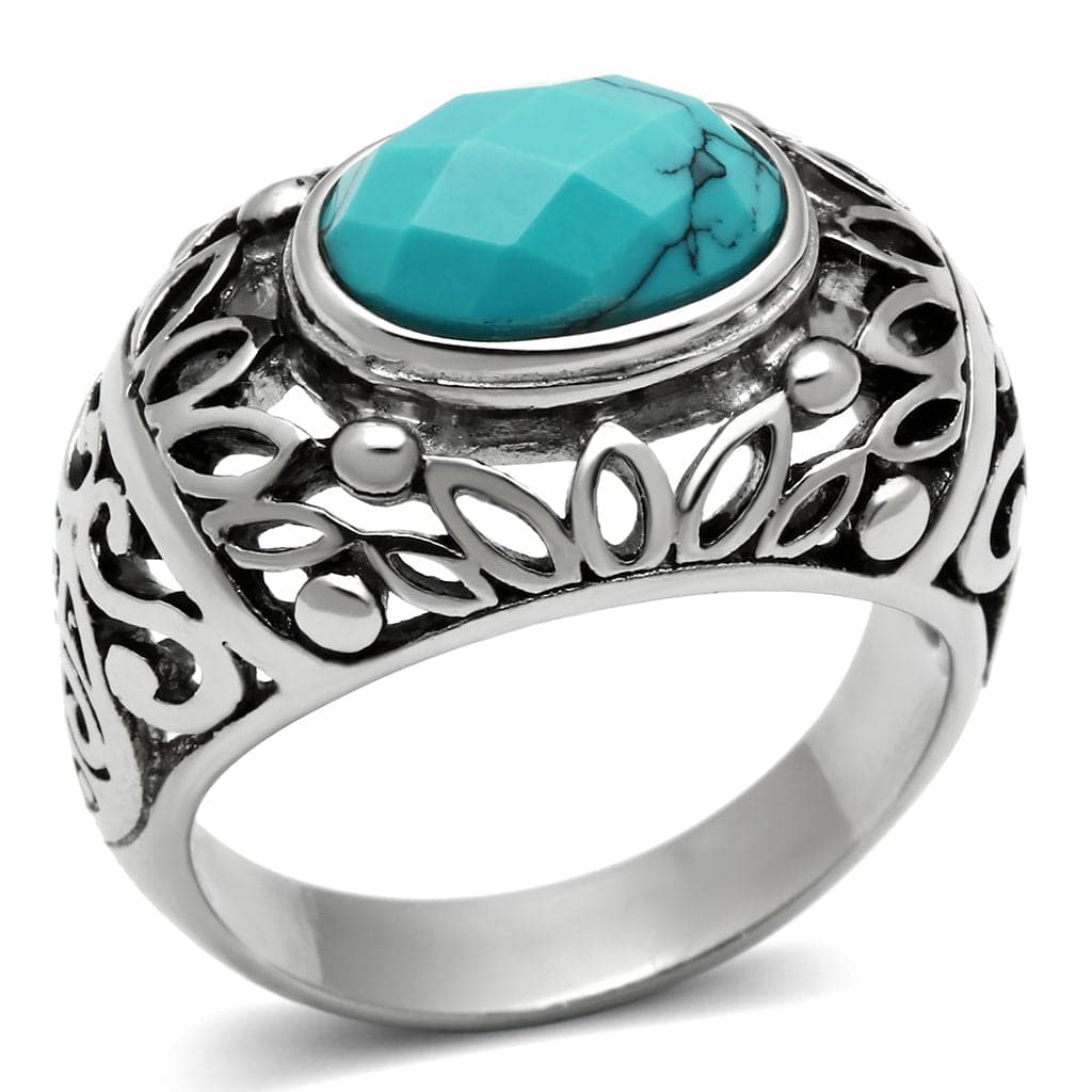Stainless Steel Silver Turquoise Cabochon Filigree Ring