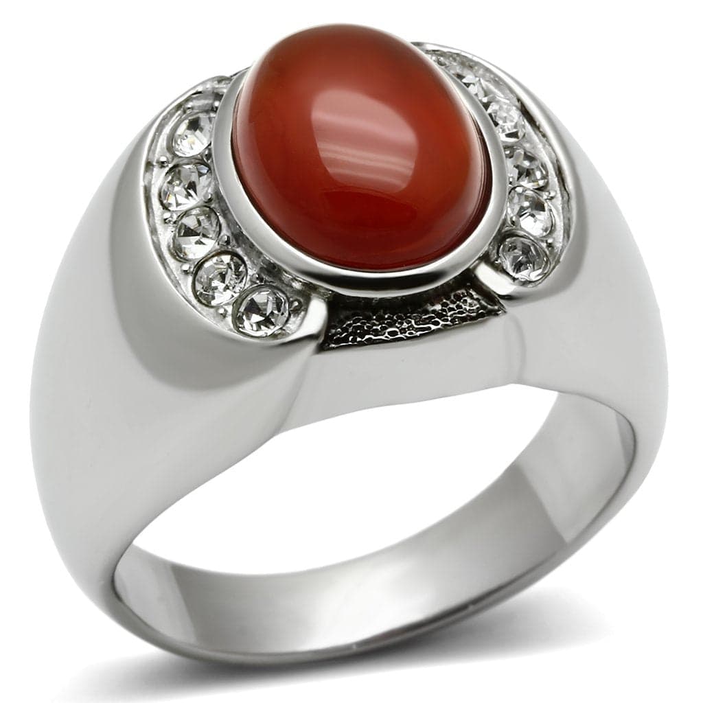 Stainless Steel Silver Carnelian Cabochon CZ Halo Oval Mens Ring