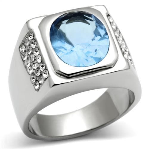 Stainless Steel Silver CZ Cushion Light Blue V-Accent Square Ring