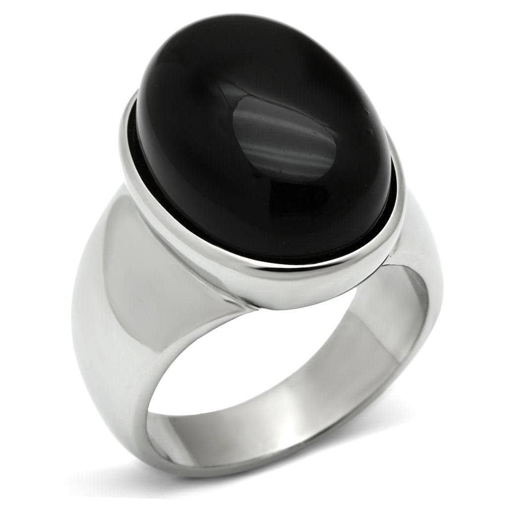 Stainless Steel Silver Black Onyx Cabochon Oval Mens Signet Ring