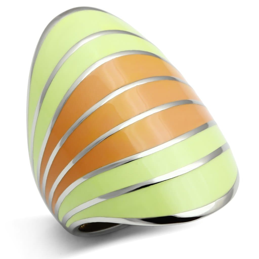 Stainless Steel Silver Green Orange Enamel Stripe Dome Ring