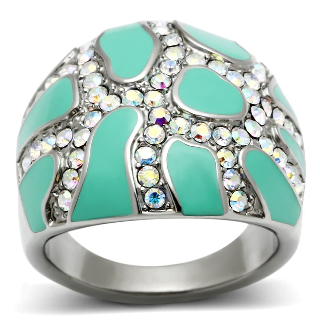 Stainless Steel Silver Teal Enamel Crystal Pave Dome Ring