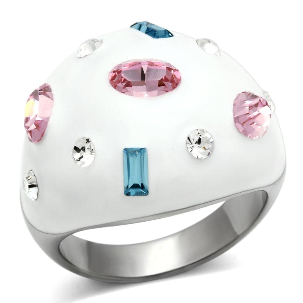 Stainless Steel Silver White Enamel Multi Crystal Scattered Ring