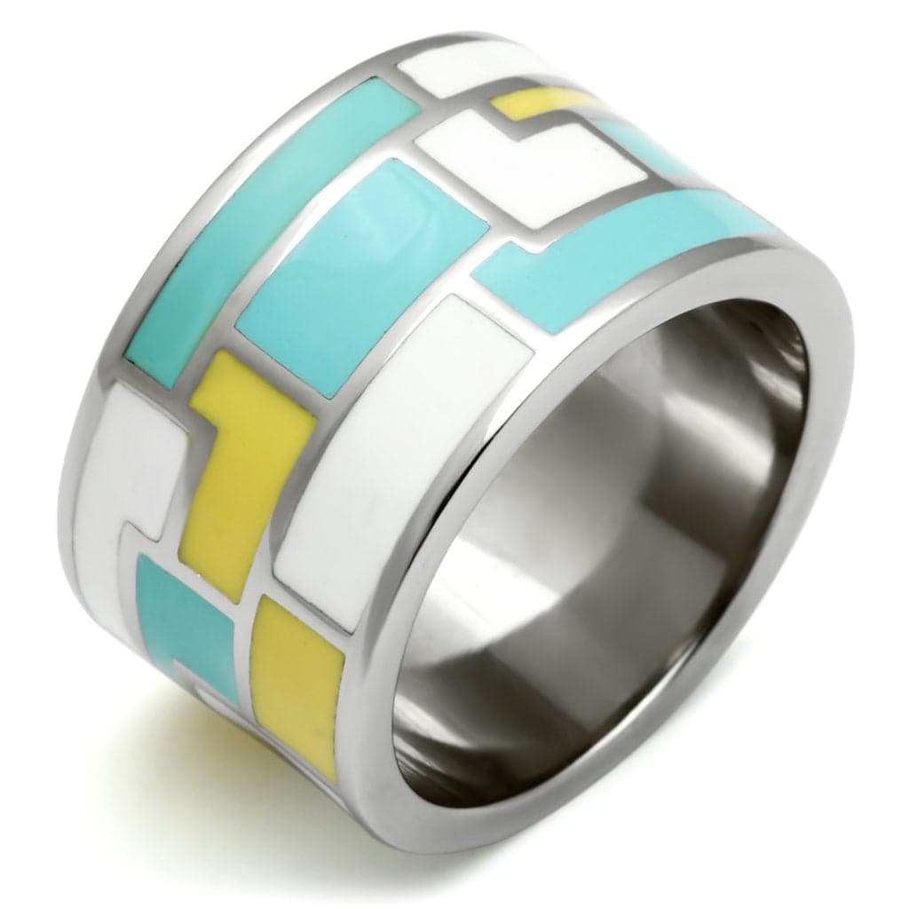 Stainless Steel Silver Teal Yellow Enamel Geometric Block Ring