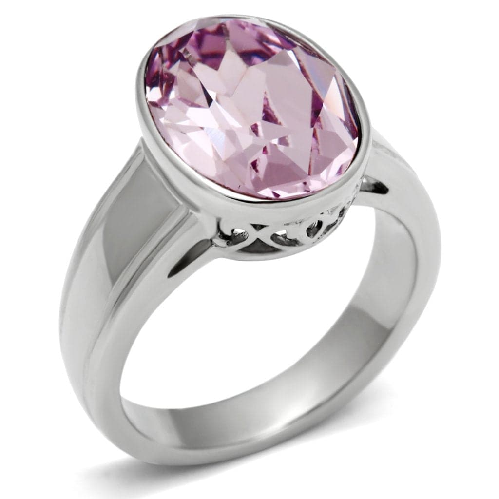 Stainless Steel Silver CZ Round Pink Bezel Scroll Ring