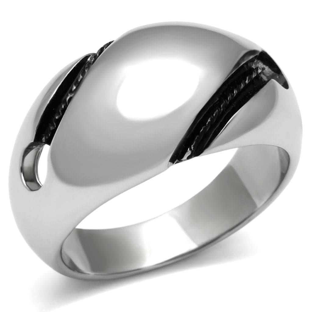 Stainless Steel Silver Polished Dome Dark Accent Stripe Ring