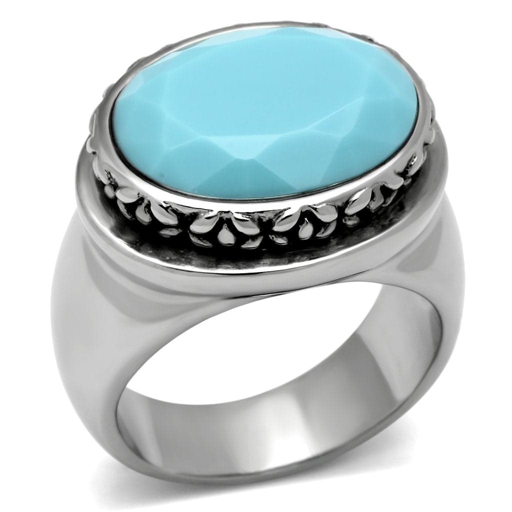Stainless Steel Silver Turquoise Cabochon Oval Beaded Bezel Ring