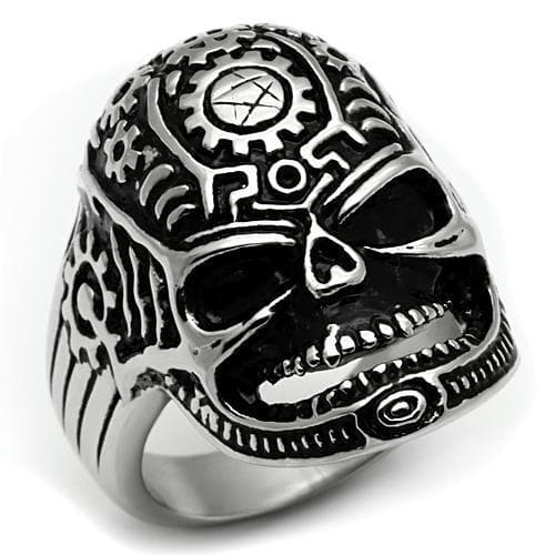 Stainless Steel Silver Tribal Carved Skull Biker Ring