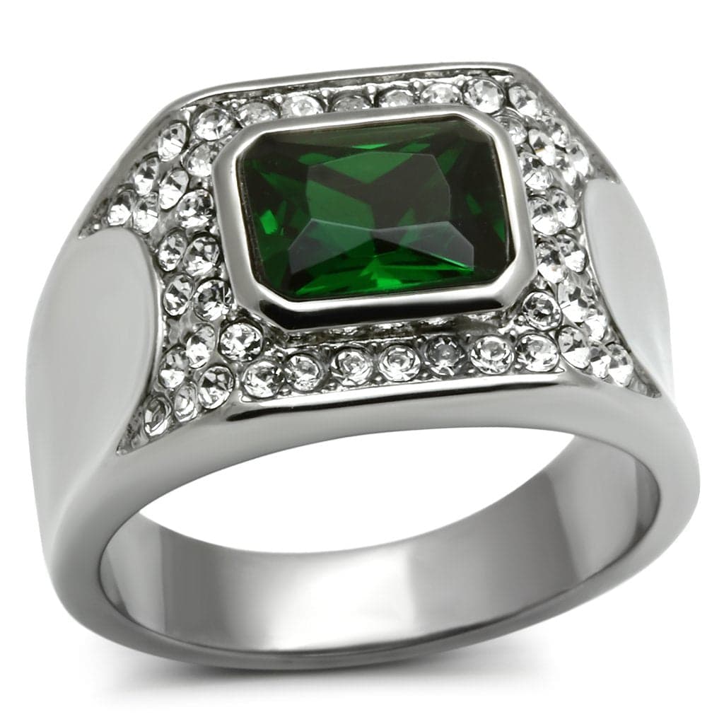 Stainless Steel Silver CZ Emerald Cut Green Pave Crosshatch Ring