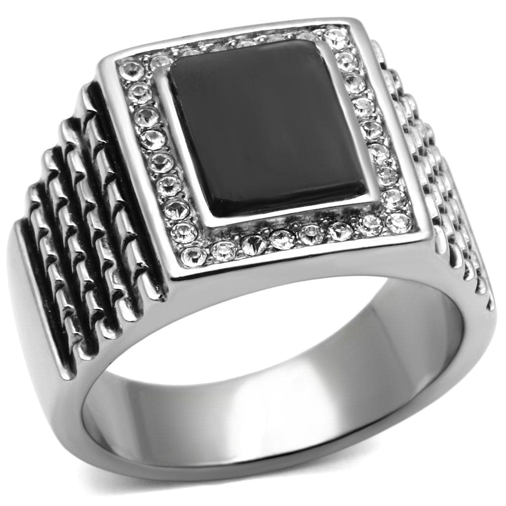 Stainless Steel Silver Black Onyx Square CZ Halo Crosshatch Ring