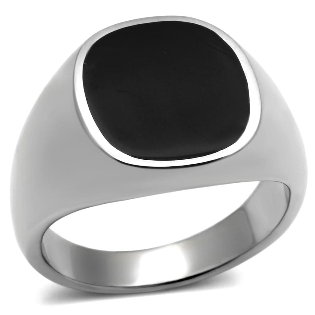 Stainless Steel Silver Black Onyx Round Flat Polished Mens Ring