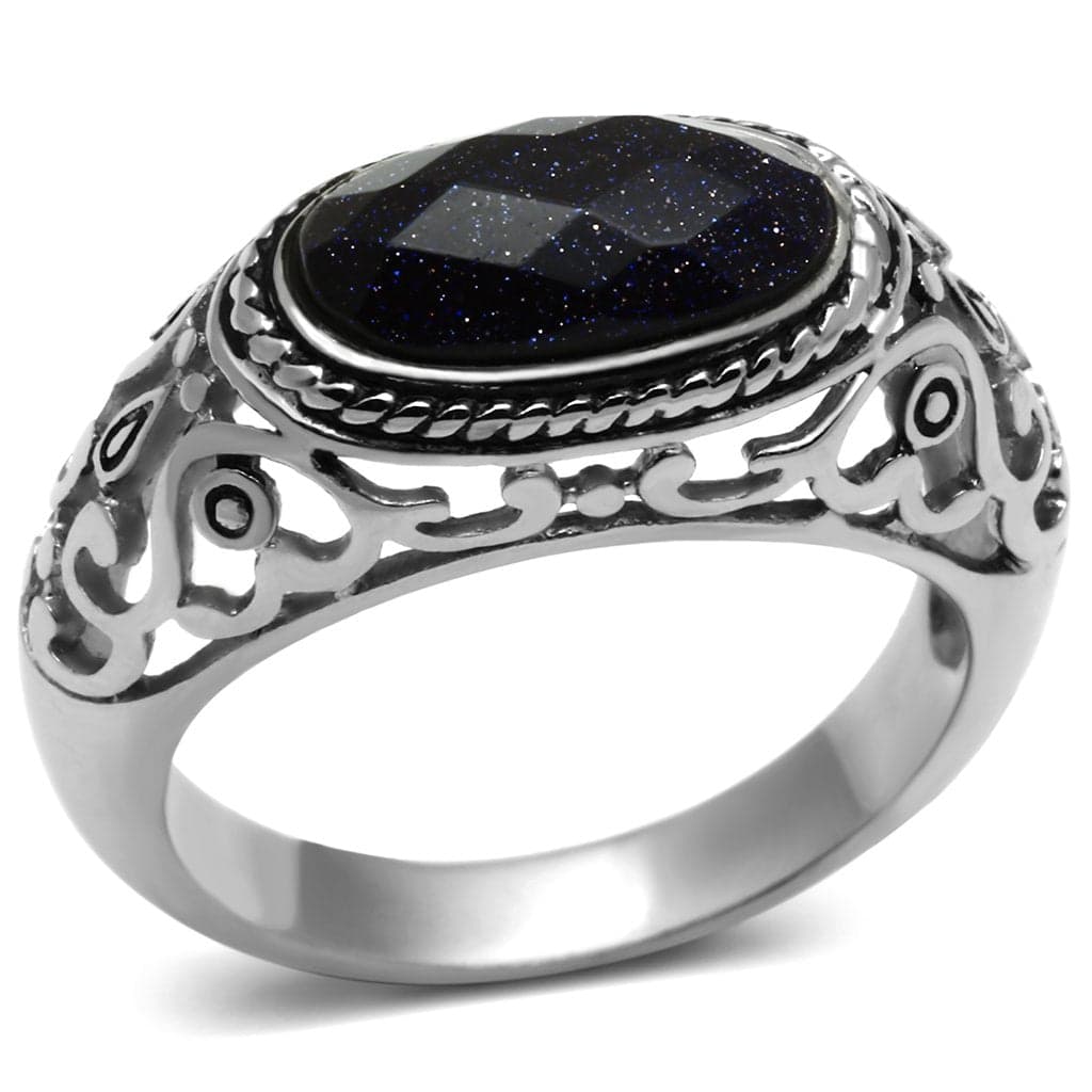 Stainless Steel Silver Blue Goldstone Cabochon Filigree Ring