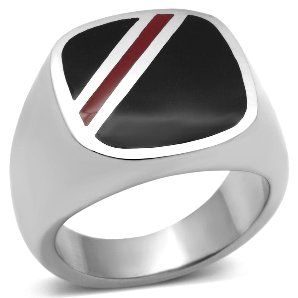 Stainless Steel Silver Black Enamel Red Stripe Square Mens Ring