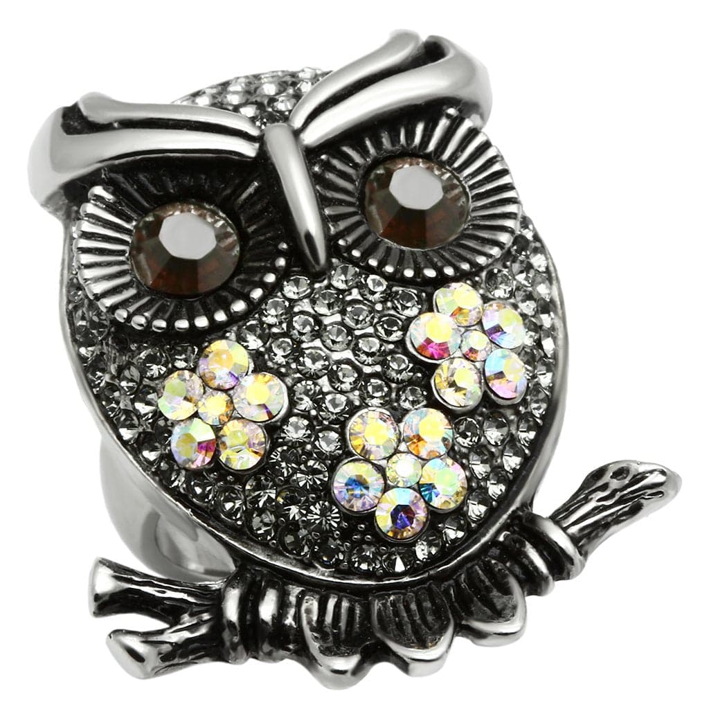 Stainless Steel Silver Crystal Pave Owl Brown Eyes Ring