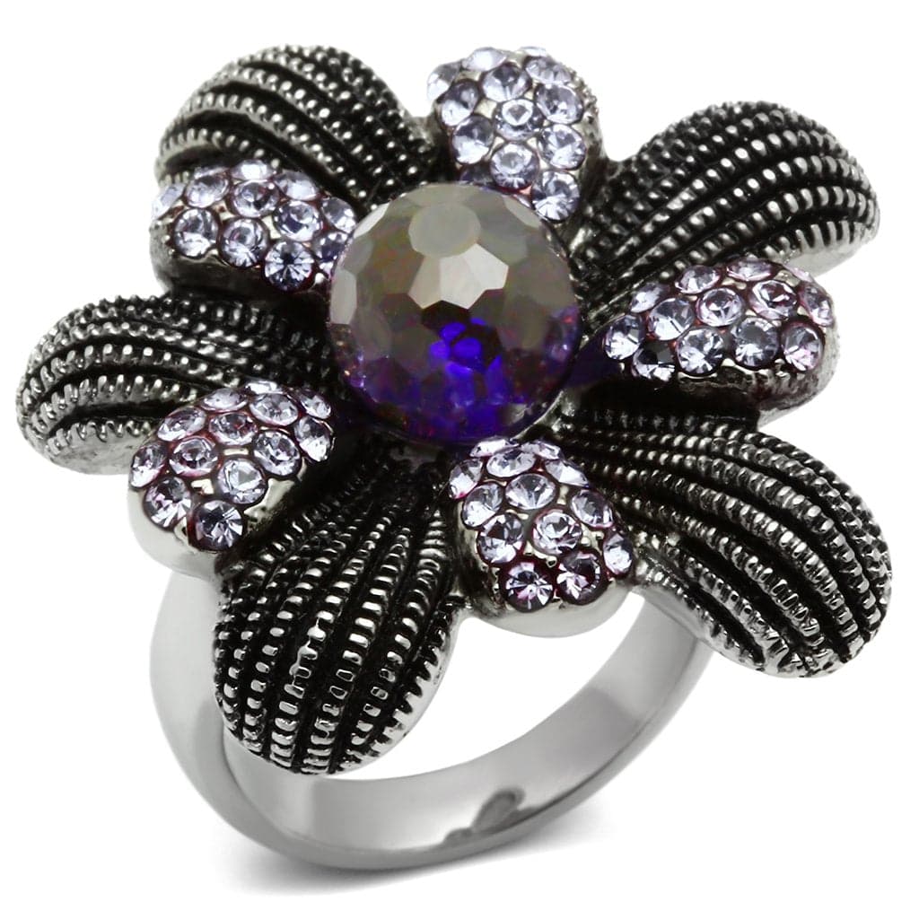 Stainless Violet Purple Steel Crystal Pave Flower Center Ring