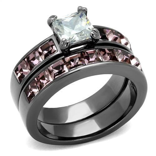 Stainless Steel Dark IP CZ Princess Pink Channel Bridal Set Ring