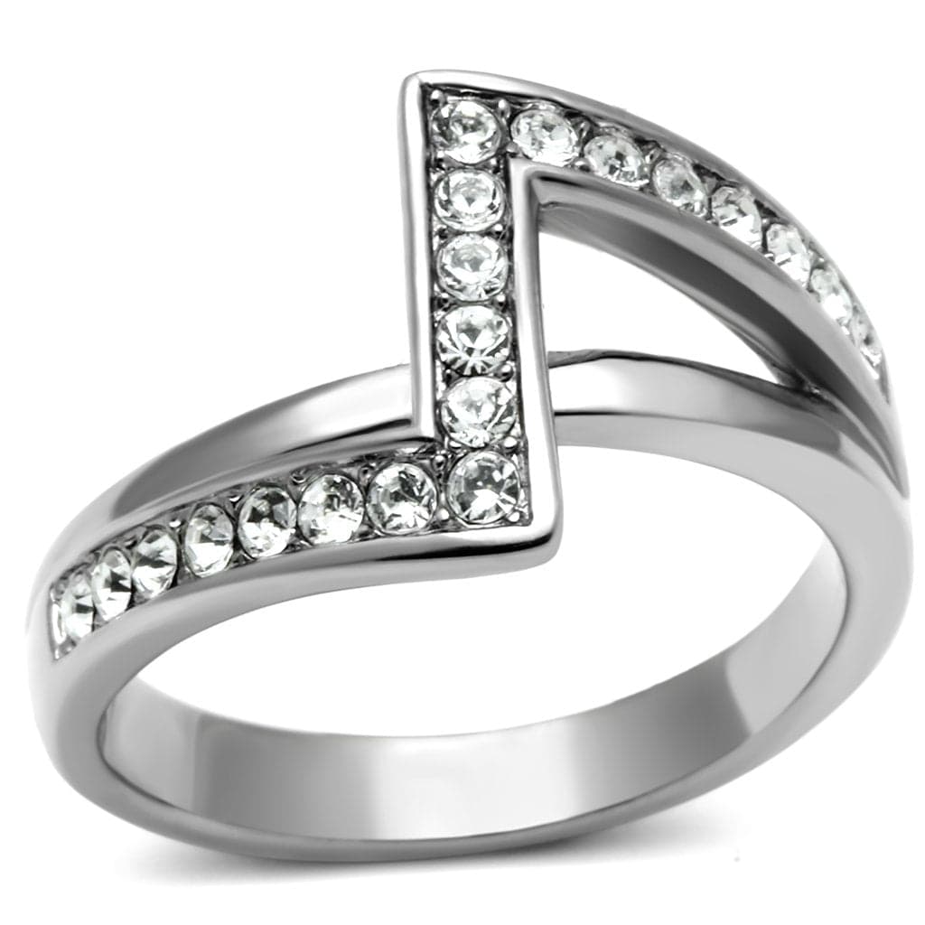 Stainless Steel Silver CZ Pave Chevron V Shape Ring