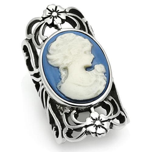 Stainless Steel Silver Blue White Cameo Lady Floral Frame Ring