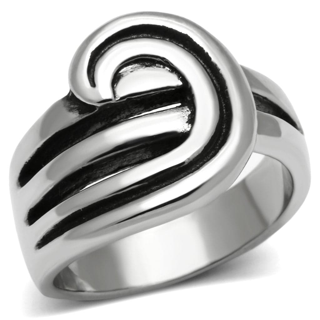 Stainless Steel Silver Black Enamel Spiral Swirl Wide Ring
