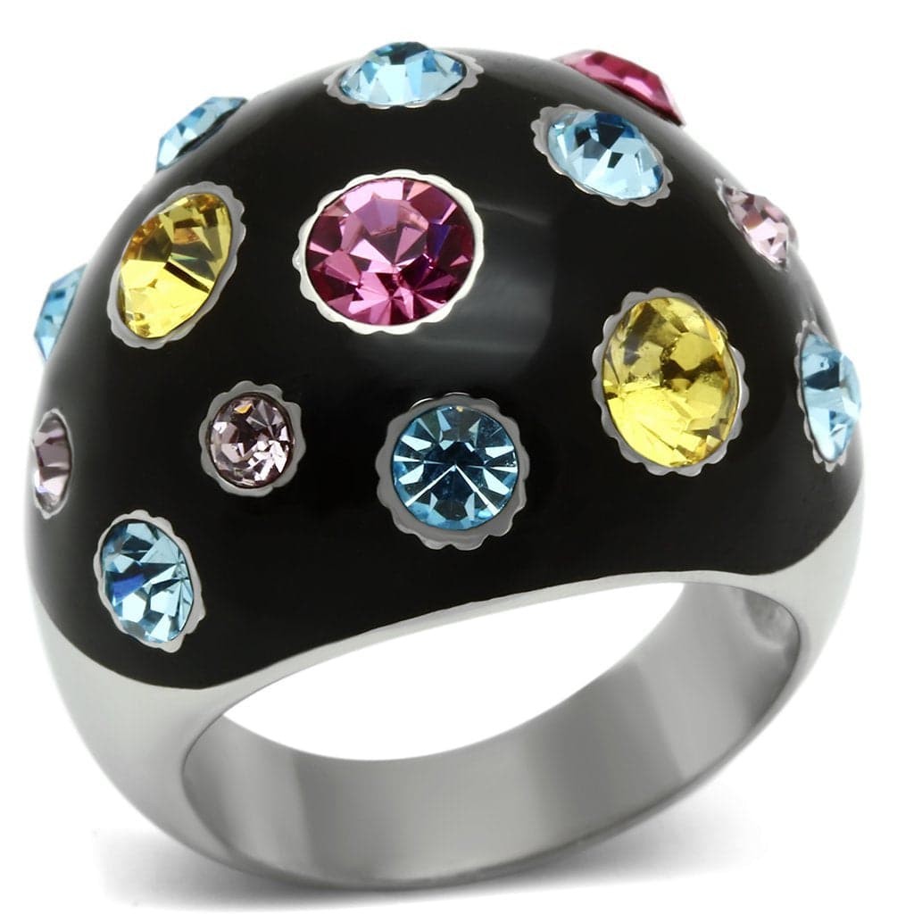 Stainless Steel Silver Black Enamel Multi Crystal Scattered Ring
