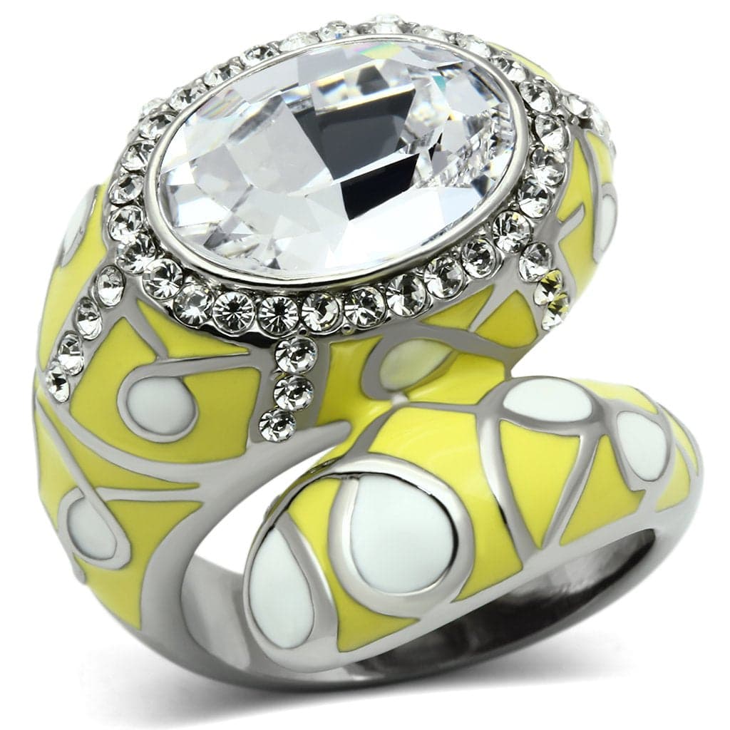 Stainless Steel Silver CZ Oval Clear Yellow Enamel Abstract Ring