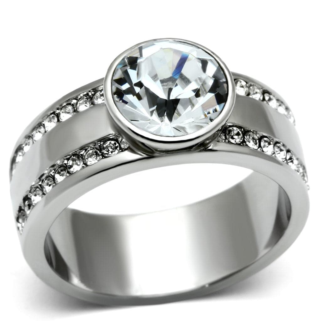 Stainless Steel Silver CZ Round Clear Bezel Pave Split Band Ring
