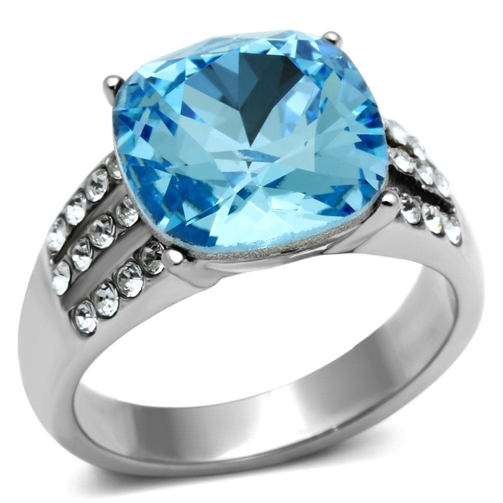 Stainless Steel Silver CZ Cushion Aqua Pave V-Accent Ring