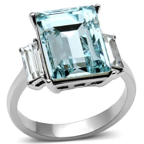 Stainless Steel Silver CZ Emerald Cut Aqua Three Stone Ring