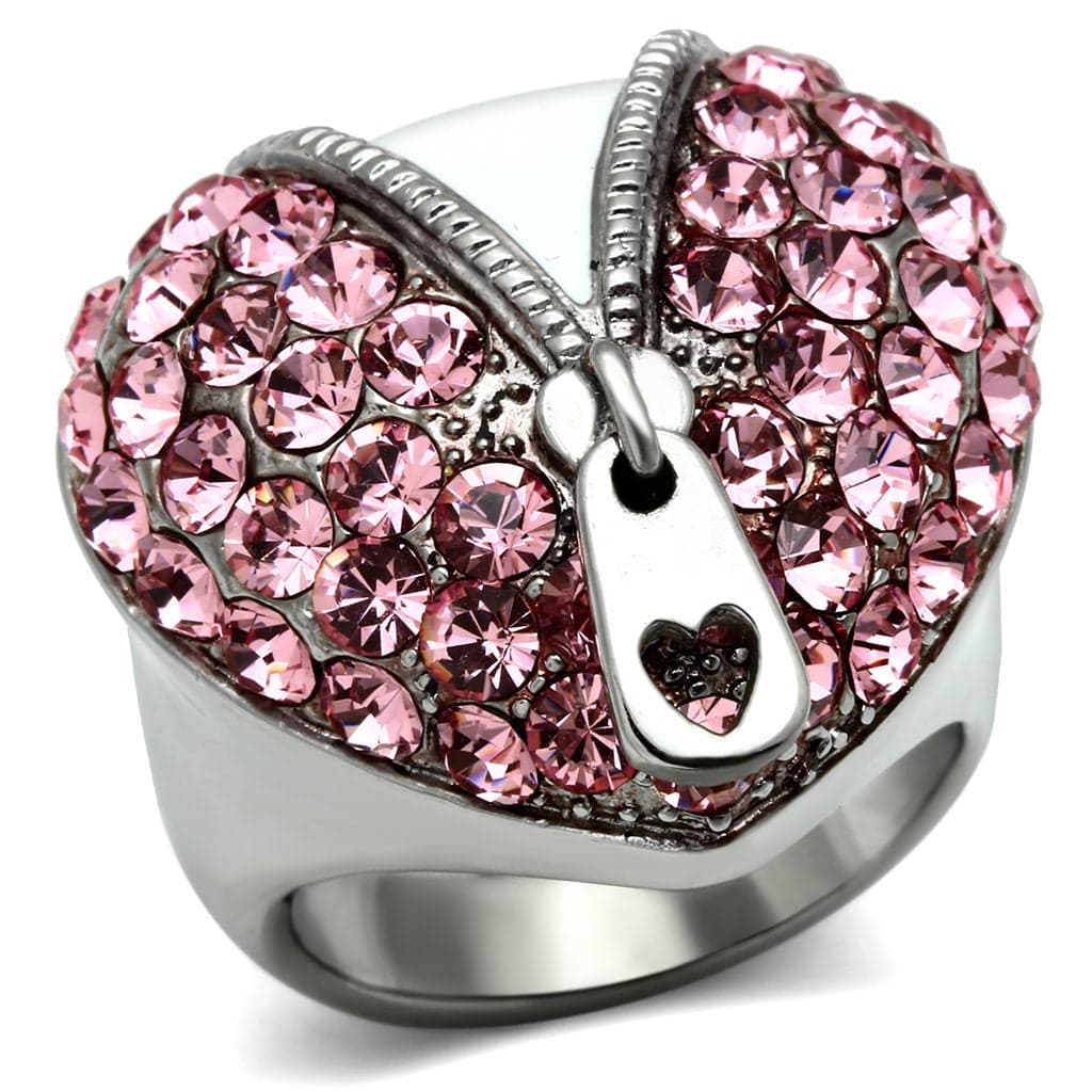 Stainless Steel Pink Crystal Pave Heart Zipper Ring