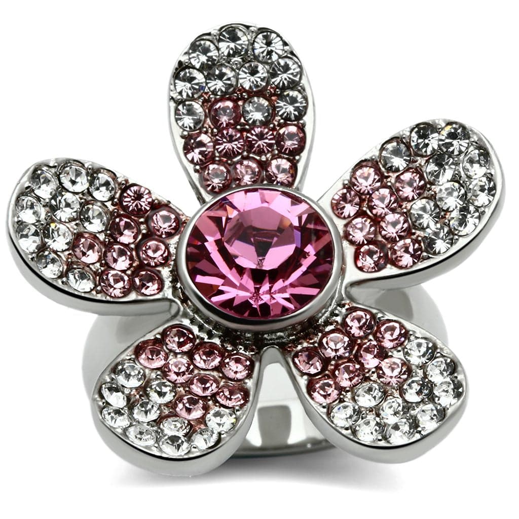 Stainless Steel Silver Crystal Pave Flower Pink Center Mauve Ring