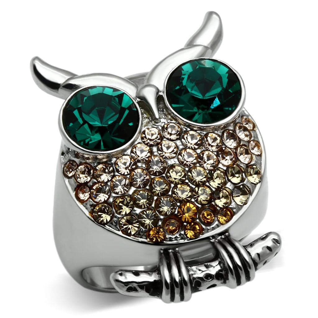 Stainless Steel Silver Green CZ Eyes Champagne Crystal Owl Ring