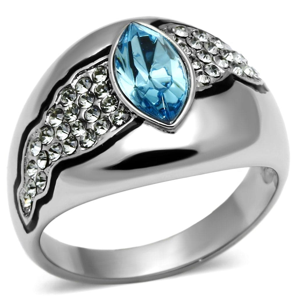Stainless Steel Silver CZ Marquise Aqua Pave Wing Accent Ring