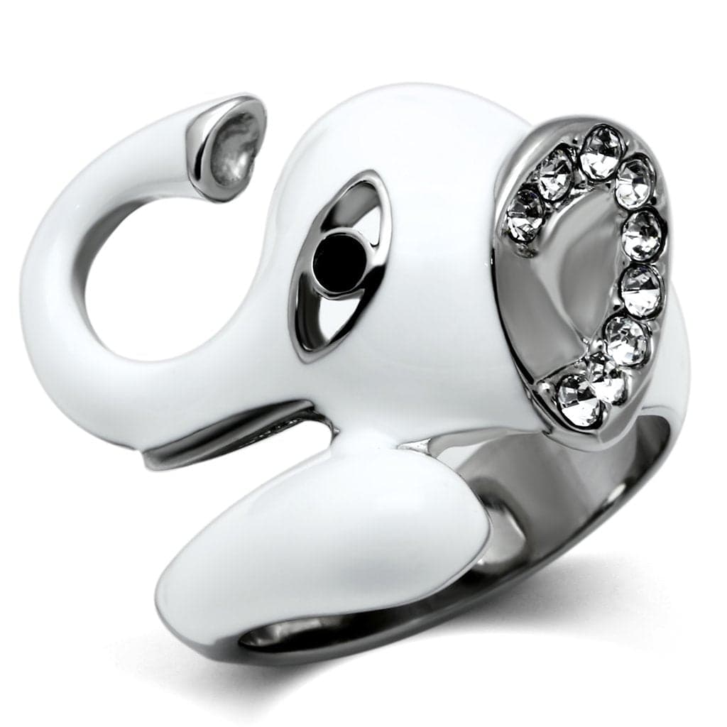 Stainless Steel Silver White Enamel Elephant CZ Eyes 3D Ring