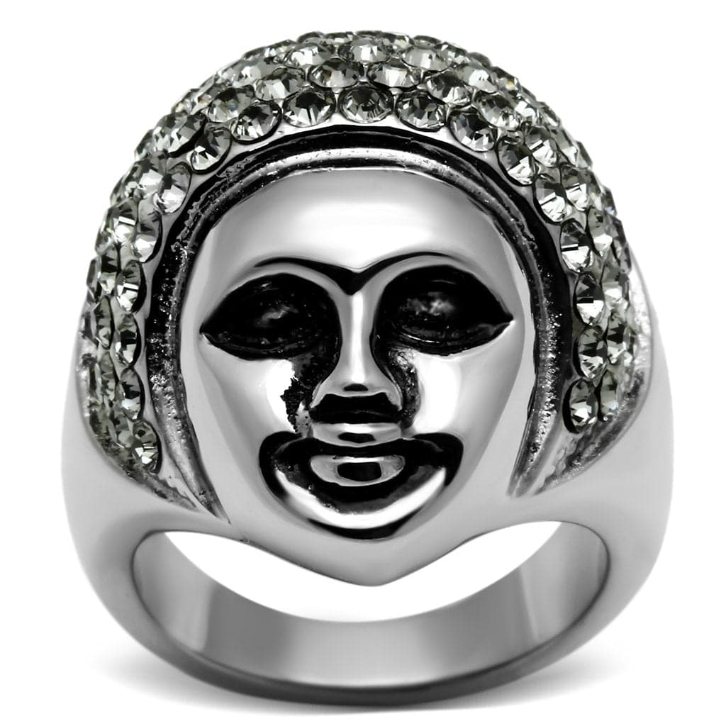 Stainless Steel Silver CZ Pave Face Mask Theatrical Ring