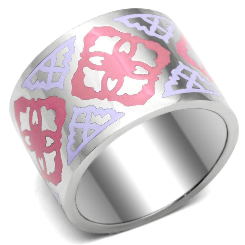 Stainless Steel Silver Pink Purple Floral Enamel Wide Band Ring