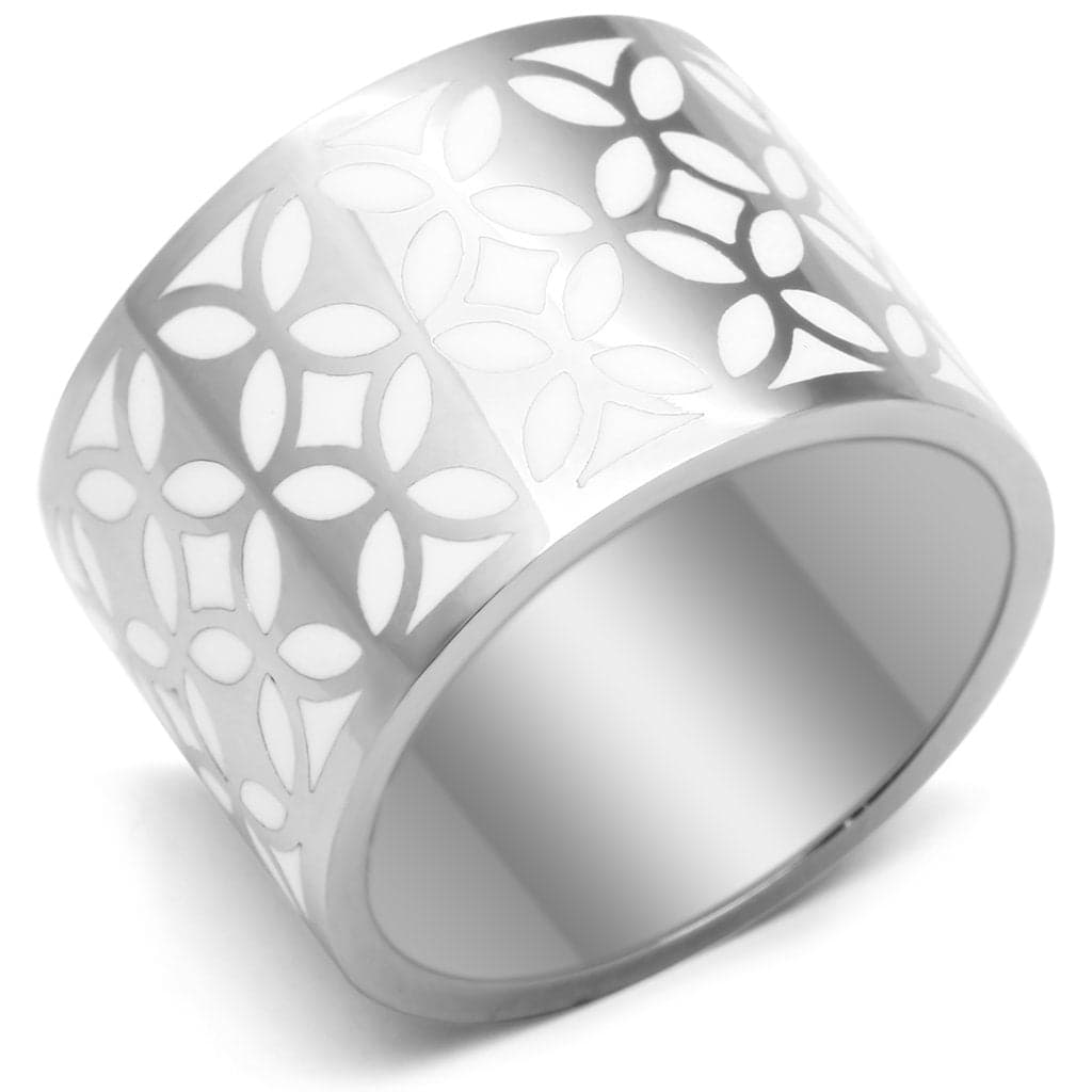 Stainless Steel Silver White Floral Cutout Pattern Wide Band Ring