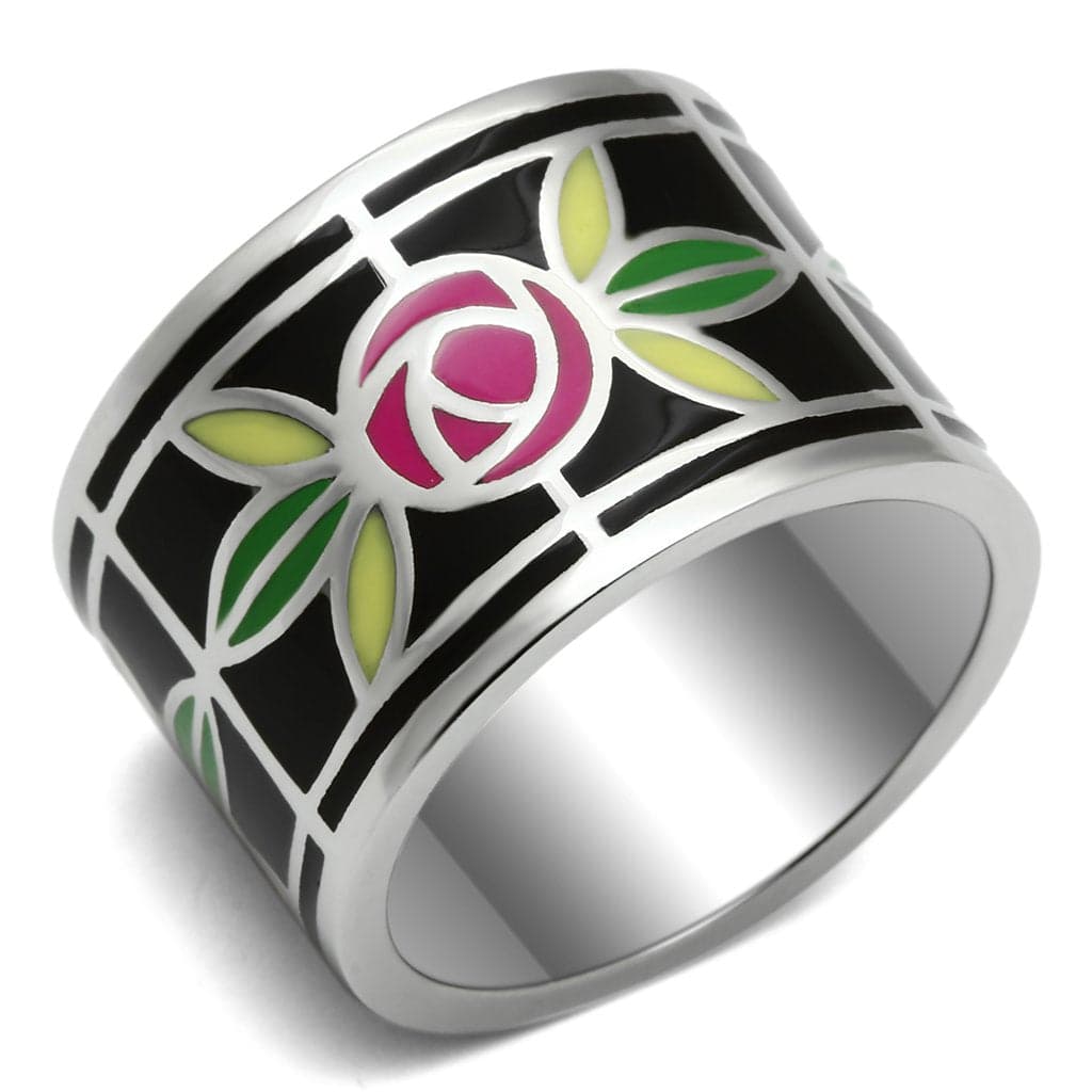 Stainless Steel Silver Black Enamel Stained Glass Rose Wide Ring