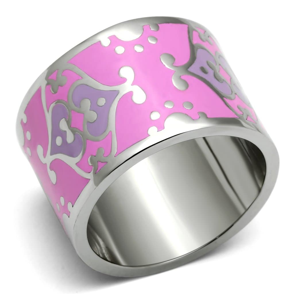 Stainless Steel Silver Pink Purple Paisley Enamel Wide Band Ring