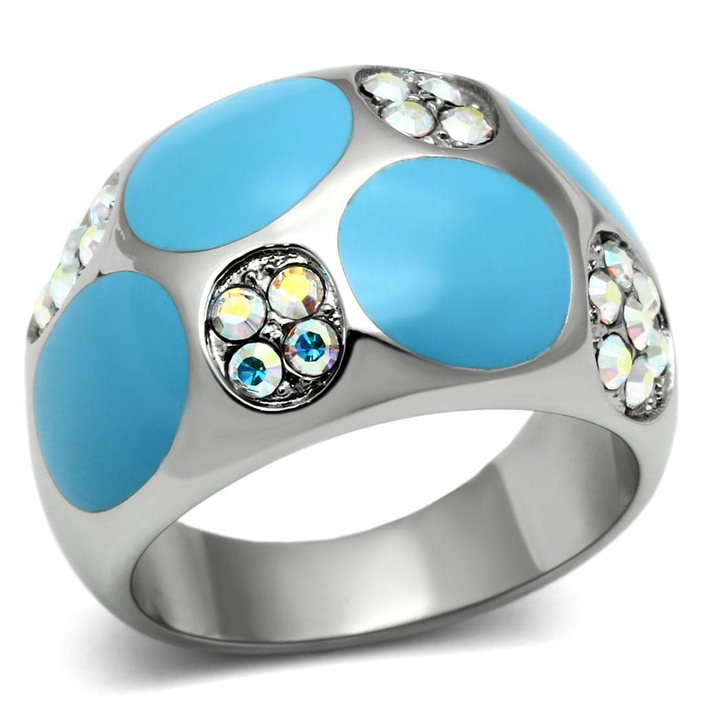 Stainless Steel Silver Blue Enamel Petal AB Crystal Dome Ring
