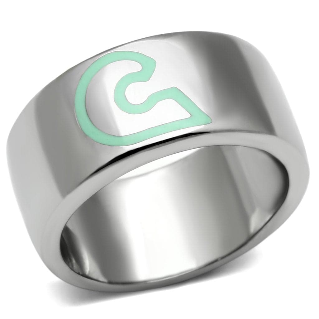 Stainless Steel Silver Mint Enamel Swirl Accent Wide Band Ring