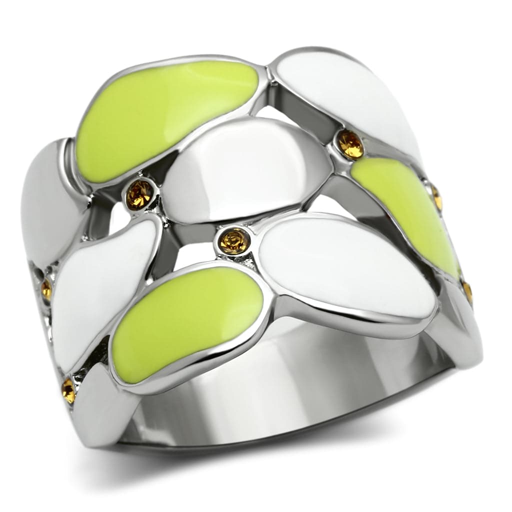 Stainless Steel Silver Green White Enamel Leaf Petal Wide Ring