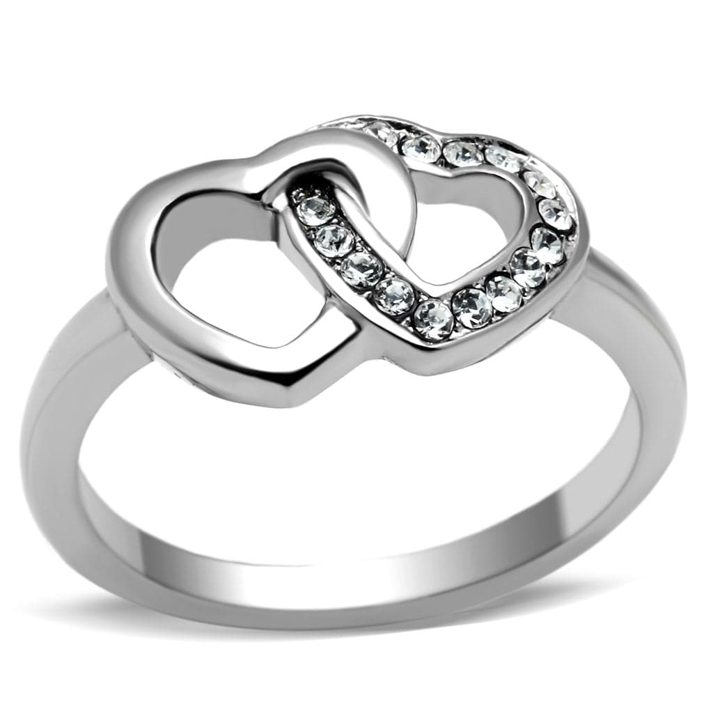 Stainless Steel Silver CZ Pave Double Heart Open Ring