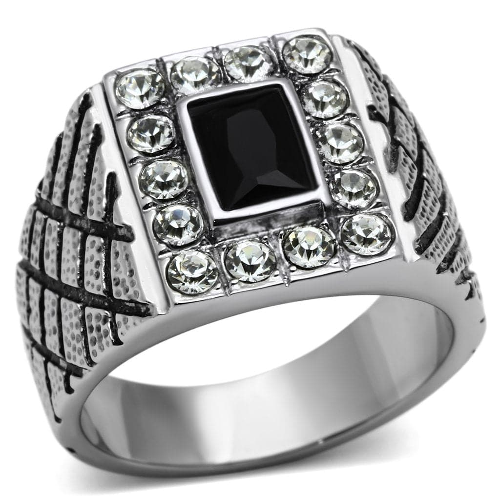 Stainless Steel Silver Black Onyx Square CZ Crosshatch Mens Ring