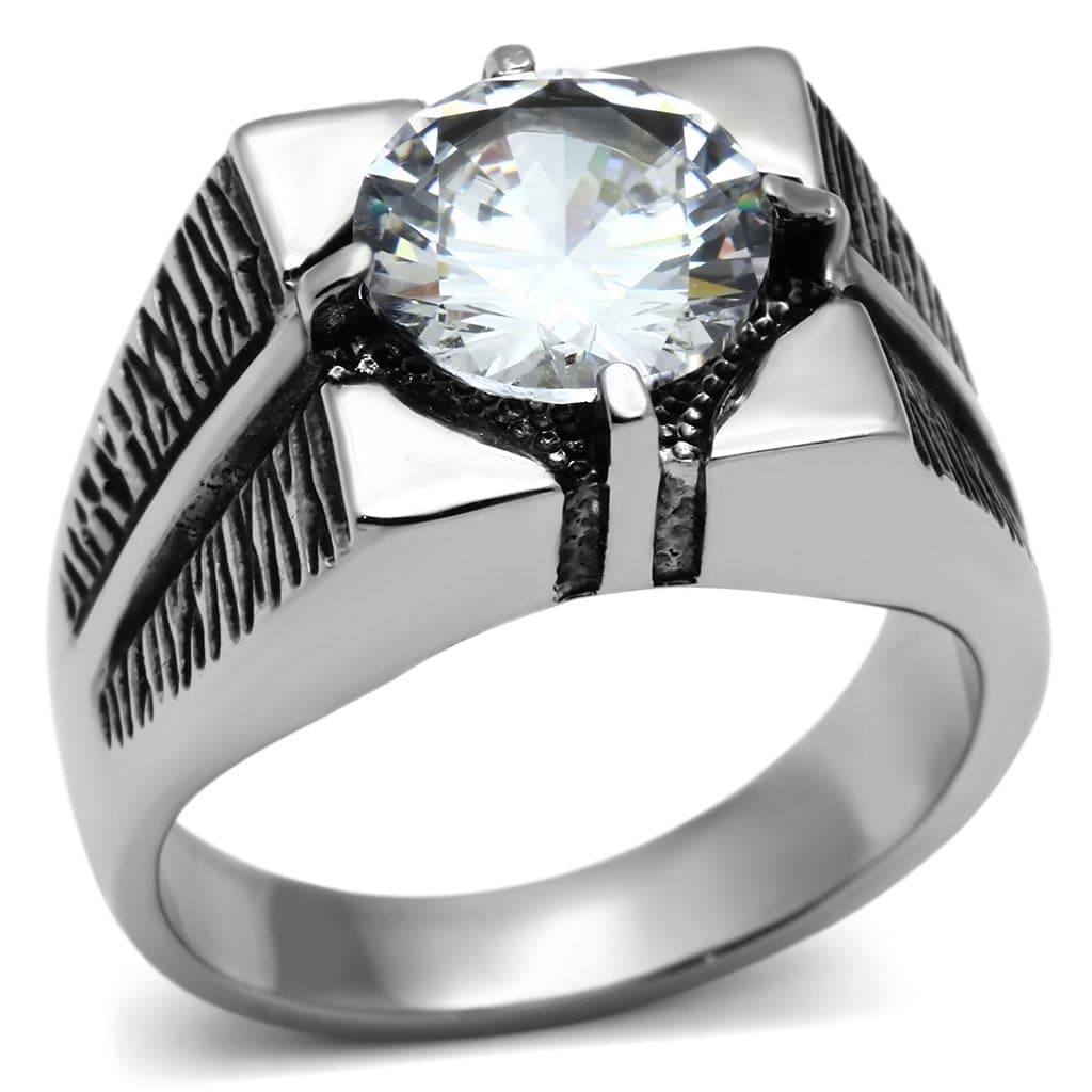 Stainless Steel Silver CZ Round Clear Tall Prong Wing Band Ring