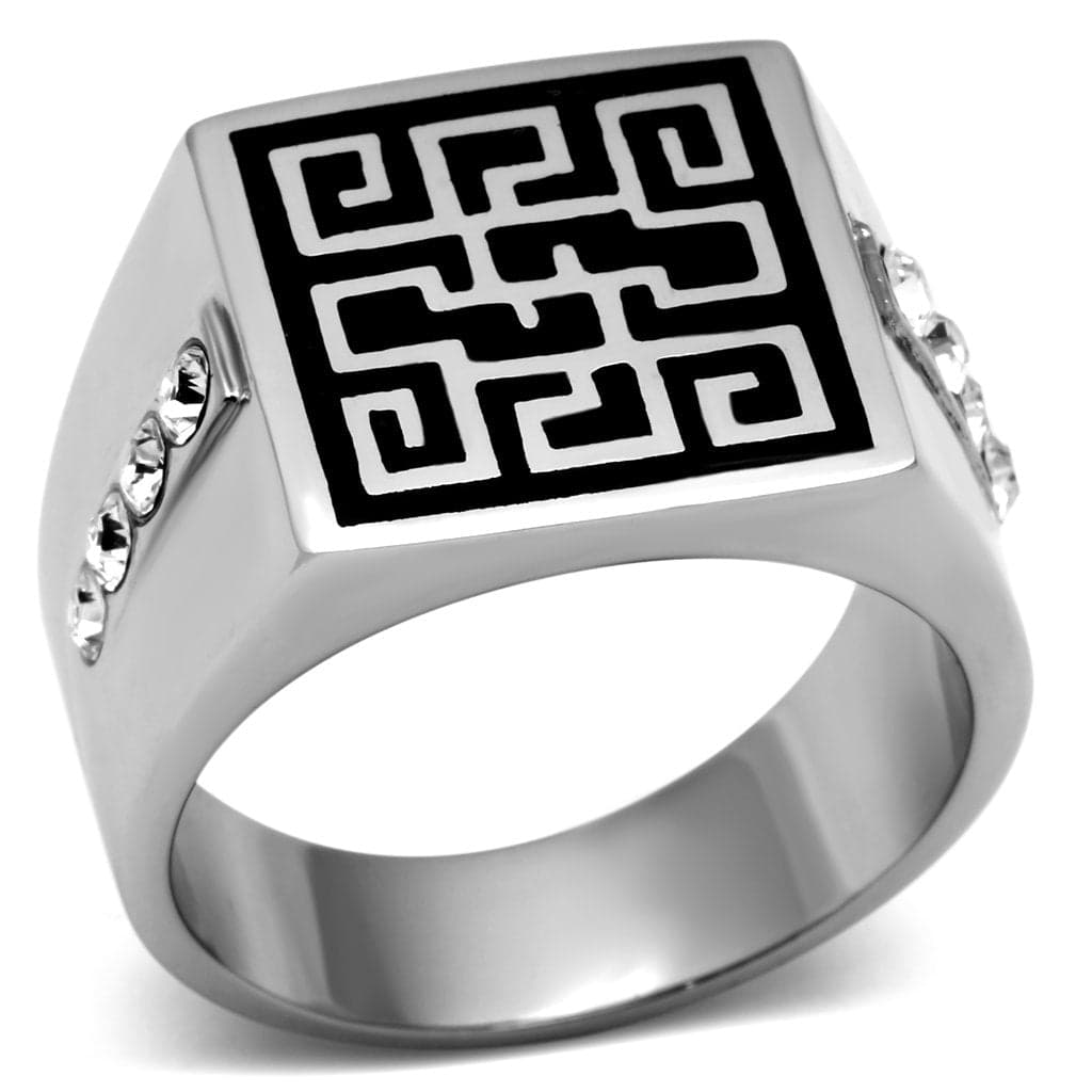Stainless Steel Silver Greek Key Maze Square Mens Signet Ring