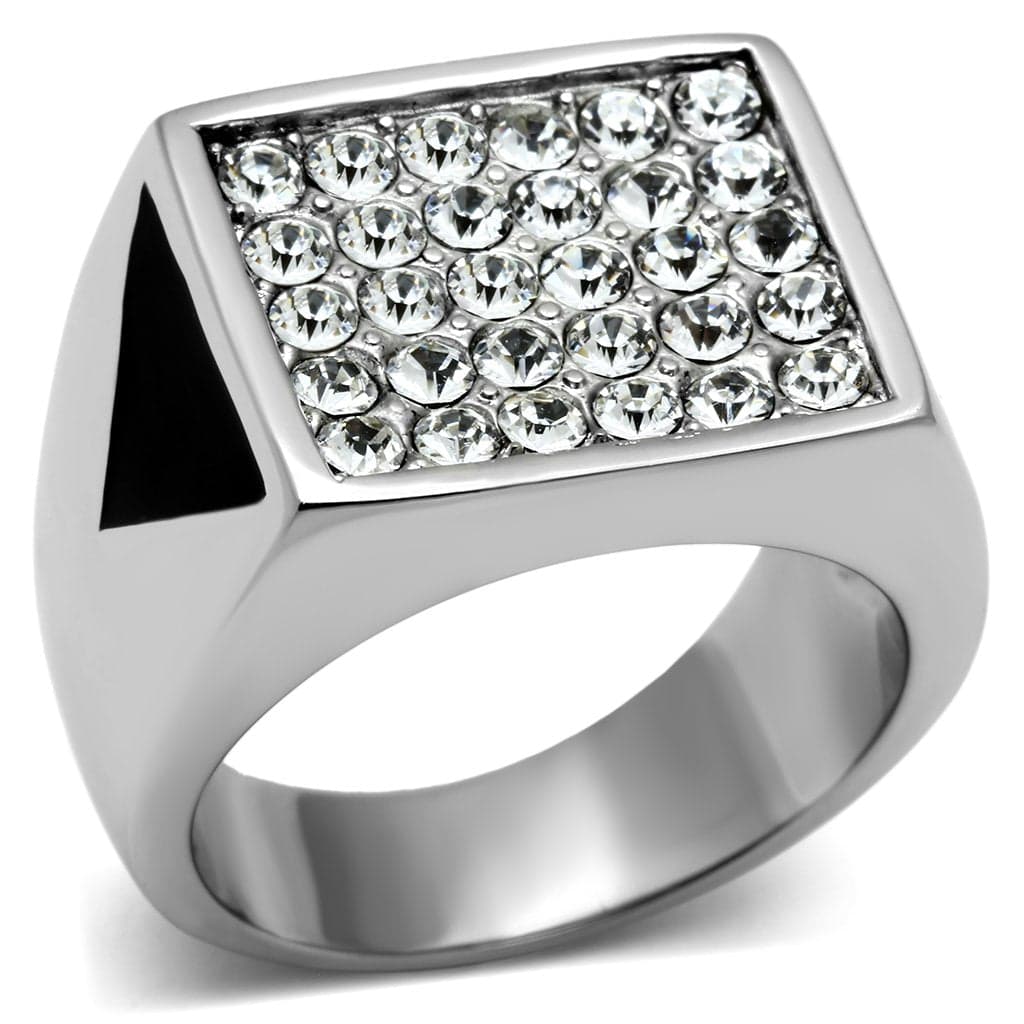Stainless Steel Silver CZ Pave Rectangle Black Enamel Ring