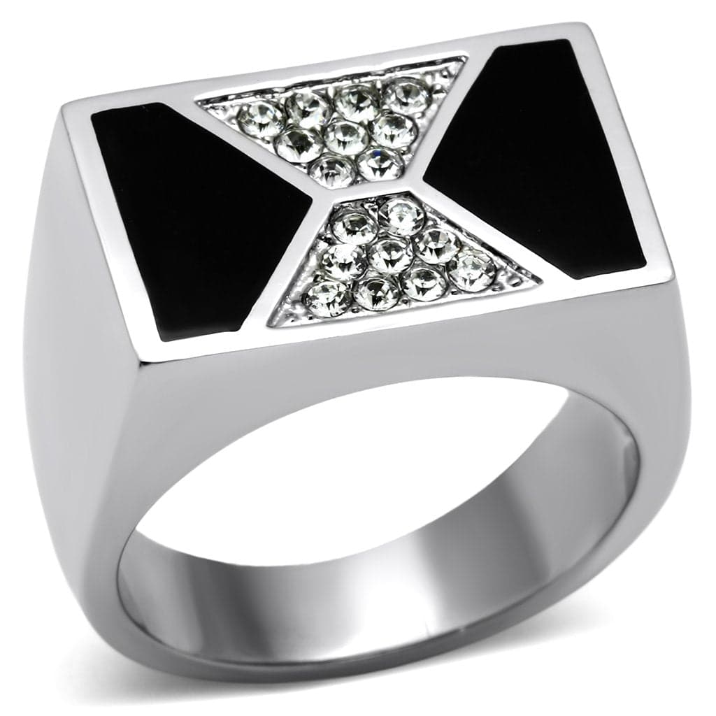 Stainless Steel Silver CZ Black Enamel Triangle X Pattern Ring