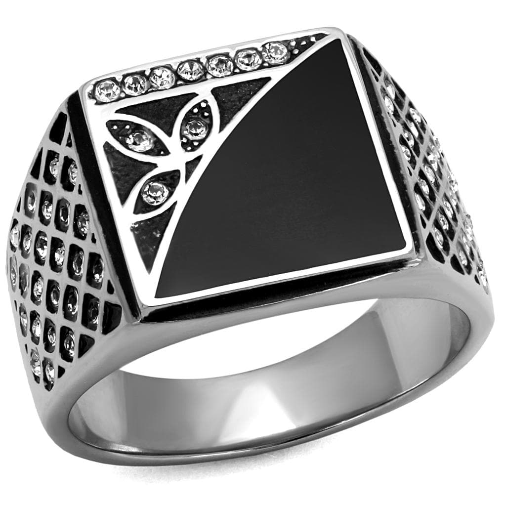 Stainless Steel Silver Black Onyx Celtic Trinity Crosshatch Ring