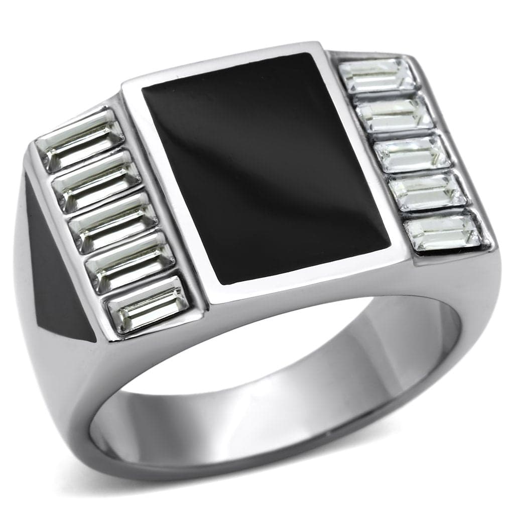 Stainless Steel Silver Black Onyx Square Baguette Side Mens Ring